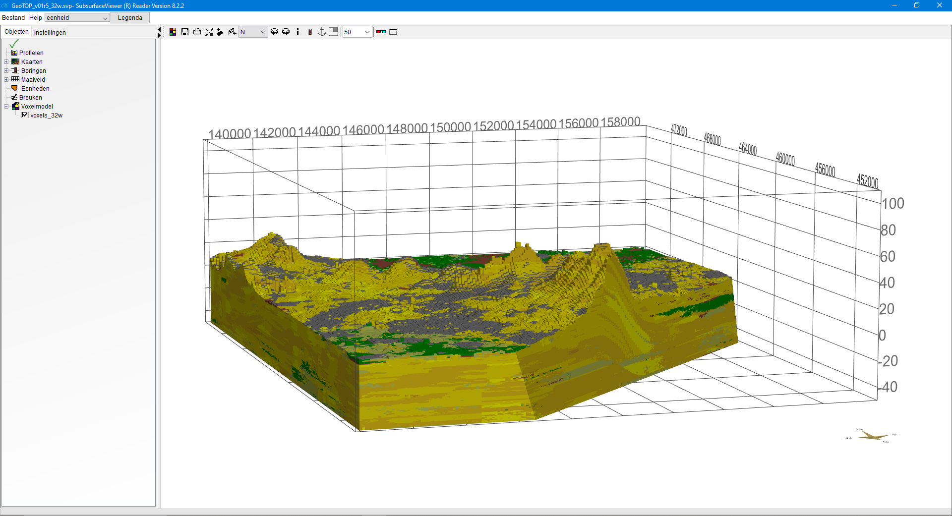 Afbeelding van 3D view van GeoTOP in SubsurfaceViewer waarin met de doorsnedetool een schuine aansnede is gemaakt.