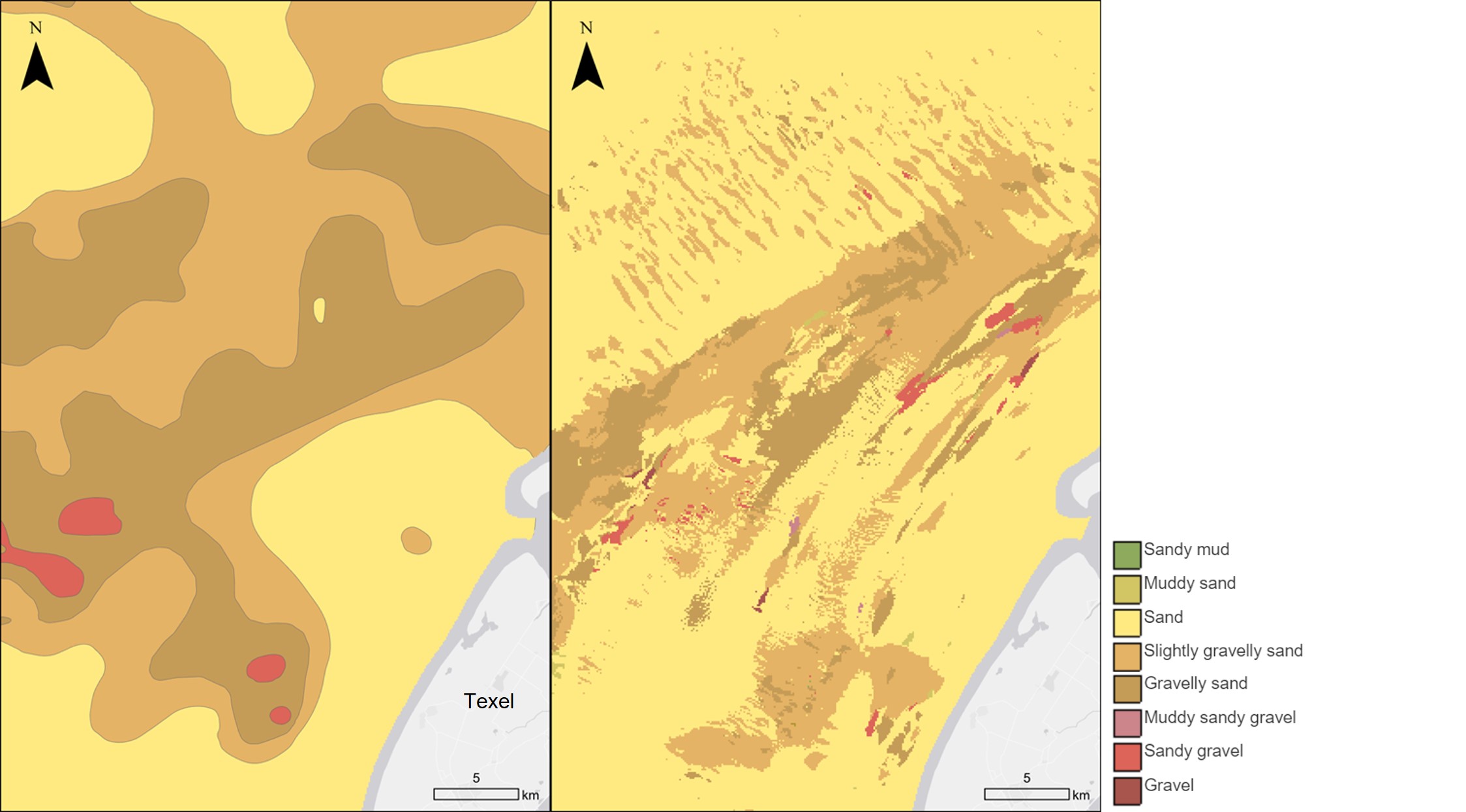 Old and new map views for an area northwest of Texel island of seabed-sediment map