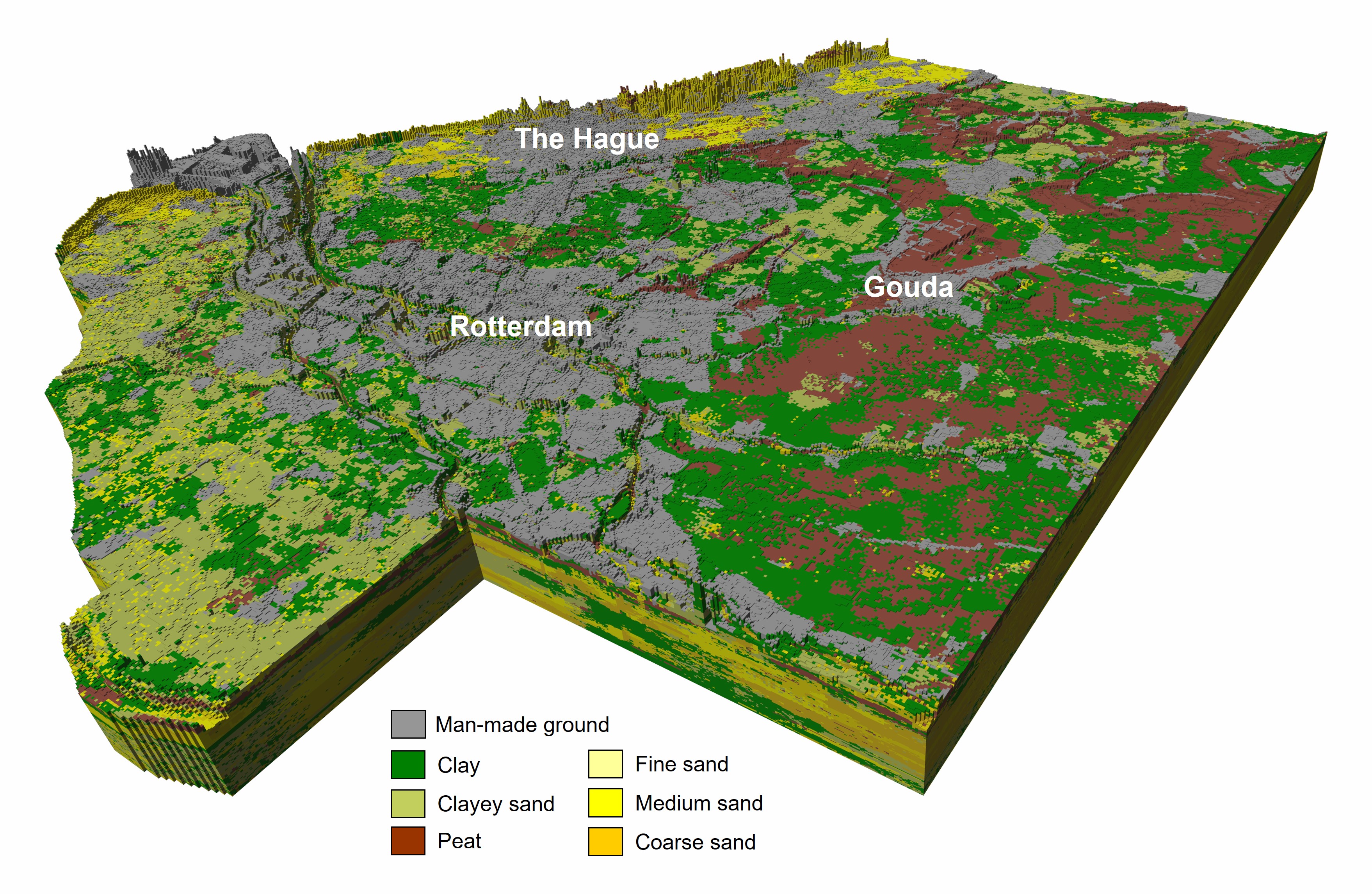 3D view of the most likely lithological class in GeoTOP model area Zuid-Holland