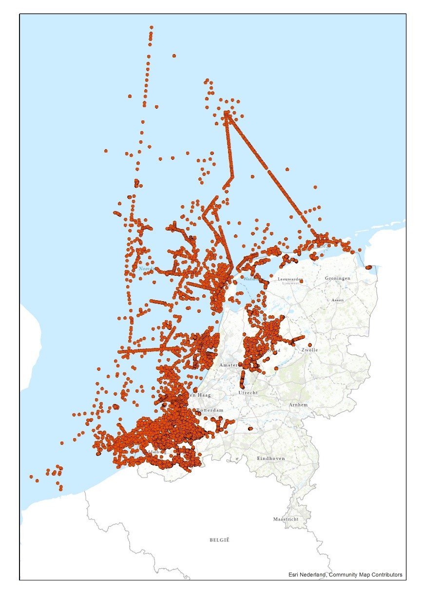 Locaties van de 37.500 toegevoegde korrelgrootte-analyses